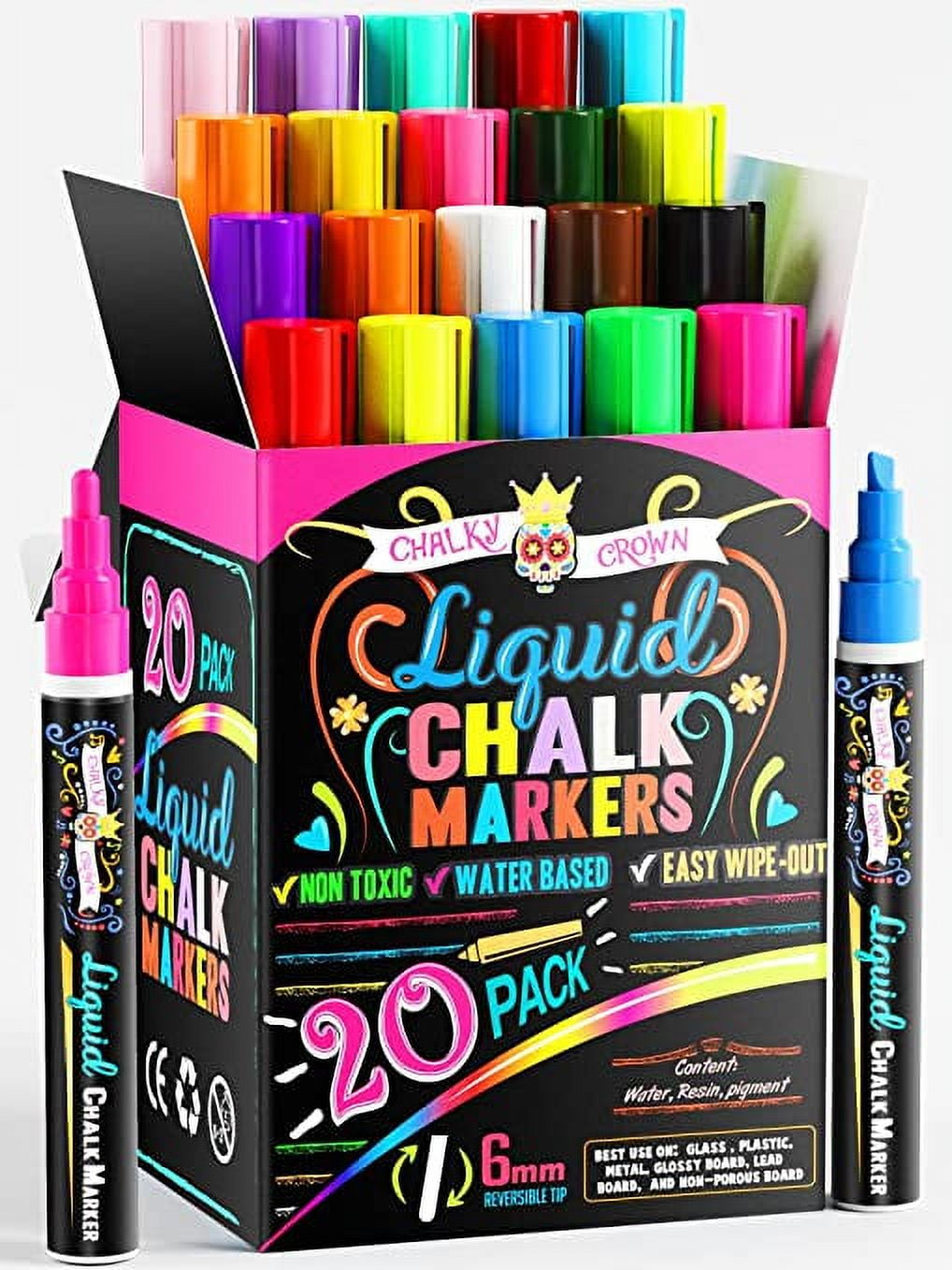 Chalky Crown - Liquid Chalk Markers - Erasable Chalk Markers with  Reversible Tip - Bold Multicolor, 6mm, 20 Pack 