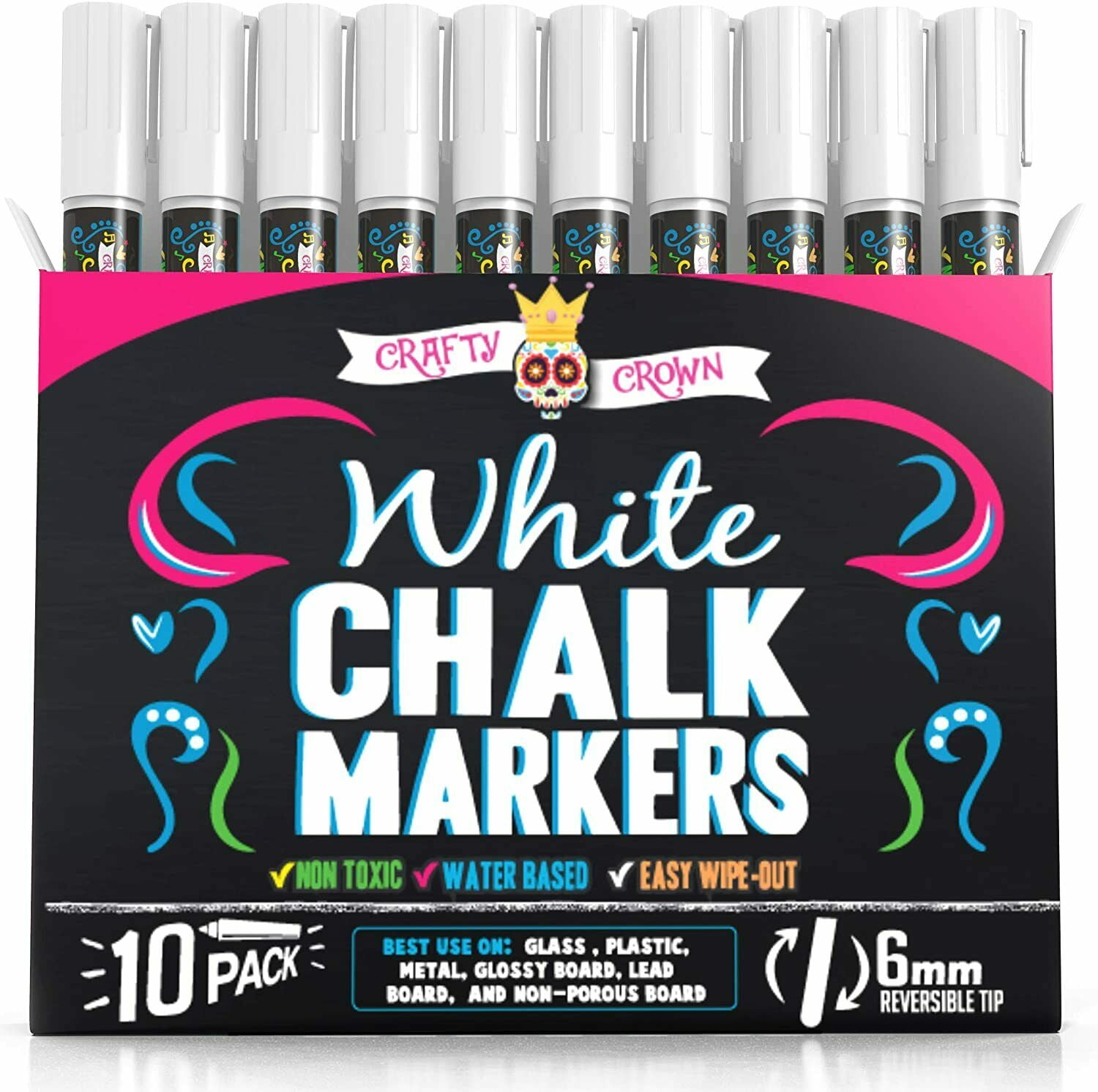 Chalky Crown - Liquid Chalk Markers for Blackboards Sign Window 6mm Rev Tip - White, 10 Packs