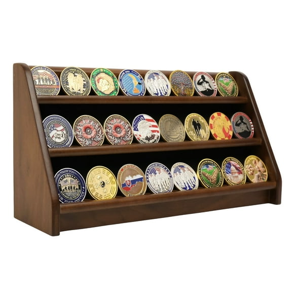 Challenge Coin Display Case 3 Rows Military Wooden Holder Stand Holds 20 Coins for Wall or Desk Display Coin Rack for Coin Collection Walnut
