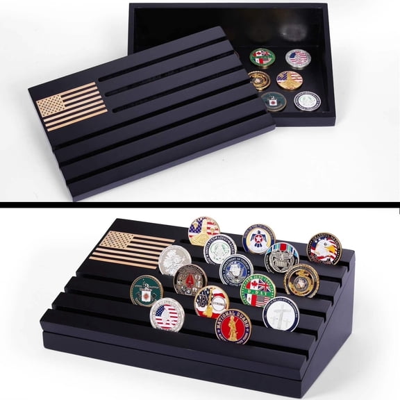 Challenge Coin Display Case, American Flag Military Challenge Coin Display Case Storage Rack, Tabletop & Wall Mount Coin Holder Holds Challenge Coins & Medals