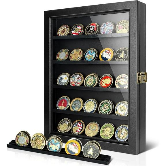 Challenge Coin Display Case, Coin Collection Display Stand for Wall Military Medal Shadow Box Display Cabinet with Removable Dual Recessed Shelves and Acrylic Panel -Black