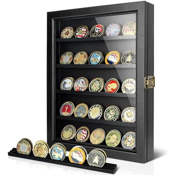 Challenge Coin Display Case, Coin Collection Display Stand for Wall Military Medal Shadow Box Display Cabinet with Removable Dual Recessed Shelves and Acrylic Panel -Black
