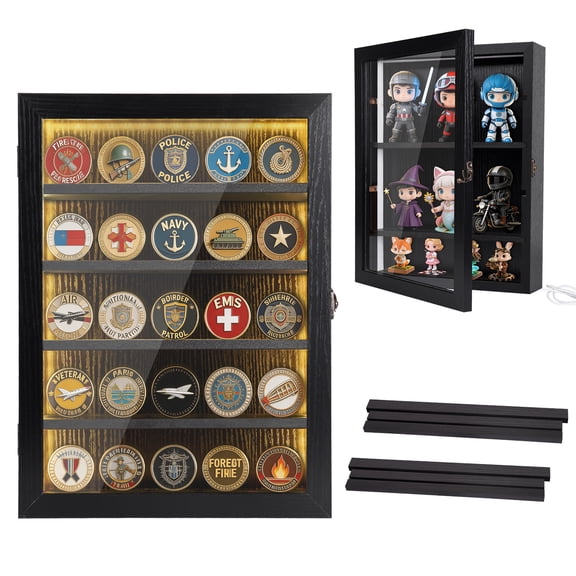 Challenge Coin Display Case with Lights Medals Collectible Figures Display Box with Light Led Cabinet Shadow Box Wall Mounted Shelf Crystals Coin Holder Storage Box for Bobble Heads Black