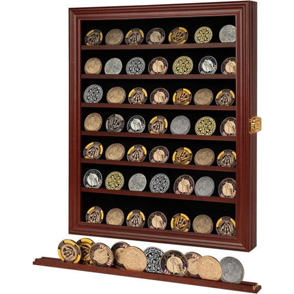 Challenge Coin Display Case Lockable Cabinet Rack Holder Shadow Box with Removable 2 Grooves Shelves and Anti Dust Door for Casino Poker Chips Collectibles, Large - Mahogany