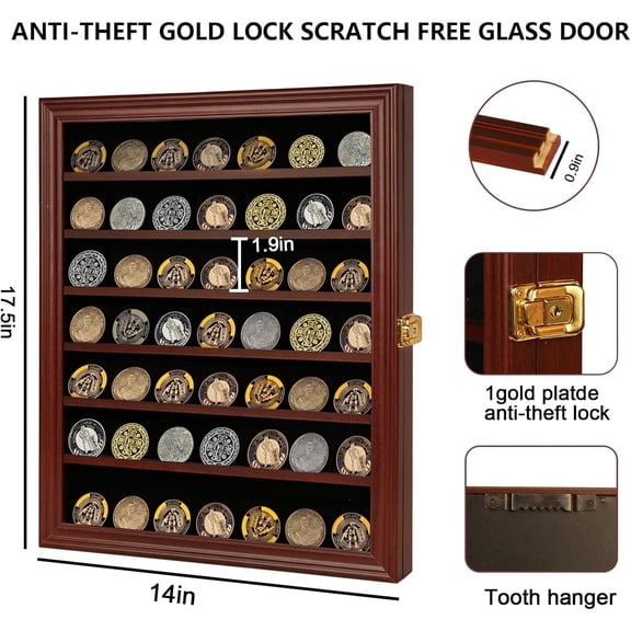 Challenge Coin Display Case Lockable Cabinet Rack Holder Shadow Box with Removable 2 Grooves Shelves and Anti Dust Door for Casino Poker Chips Collectibles, Large - Mahogany