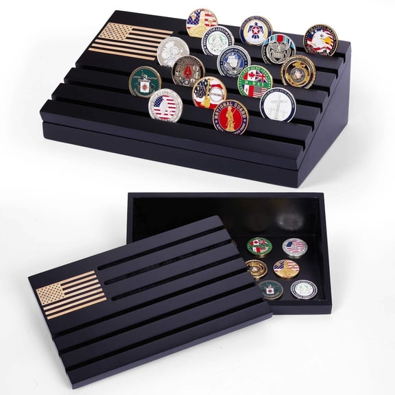 Challenge Coin Display Case with storage, Military Coin Holder with American flag, Challenge coin rack by Artista Vision