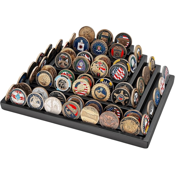 Challenge Coin Display Holder, 5 -Tier Coin Stand Holds 60 Coins, Solid Wood Military Coin Rack with Non-Slip Base, Challenge Coin Display Case for Collectors