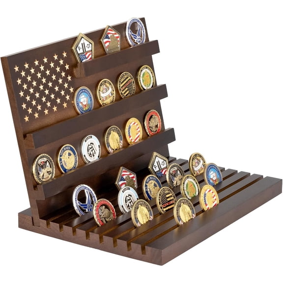 Challenge Coin Display Holder, Military Coin Slotted Stand Case Solid Wood Large Capacity Holds Up to 80 Coins 3+8 Racks for Navy Army Police Veterans Collection Desktop Decorative (Walnut)