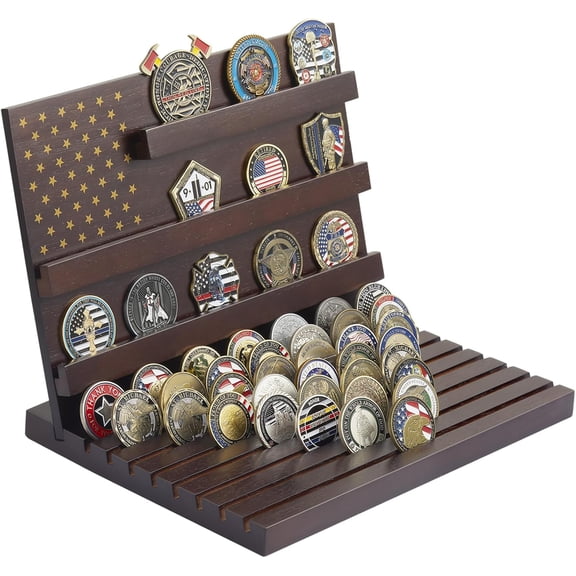 Challenge Coin Display Stand With Slanted Base Where Every Coin Tells A Story - Solid Wood Military Coin Rack | 11-Row Ladder Design Holds 80-110 | Desktop Holder For Army Police Firefighters