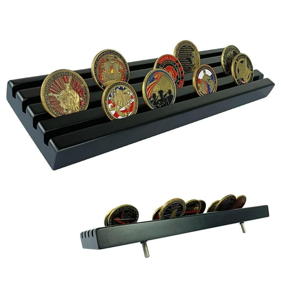Challenge Coin Display Stand, Solid Wood 4 Rows Military Coin Holder Rack Case Holds 30 Coins, Black Finish