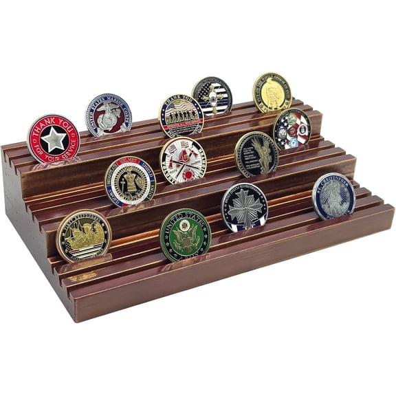 Challenge Coin Display Stand, Solid Wood Military Coin Holder Display, 9 Rows of Challenge Coin Holders, Holds 45-60 Coins