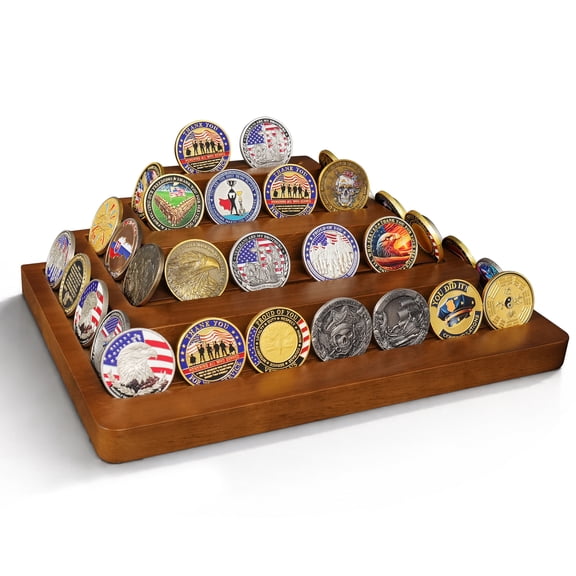 Challenge Coin Holder Display 4-Tier Coin Display StandHolds 31 coins Military Coin Rack for Army Navy Police Collectors Firefighter Collection Walnut