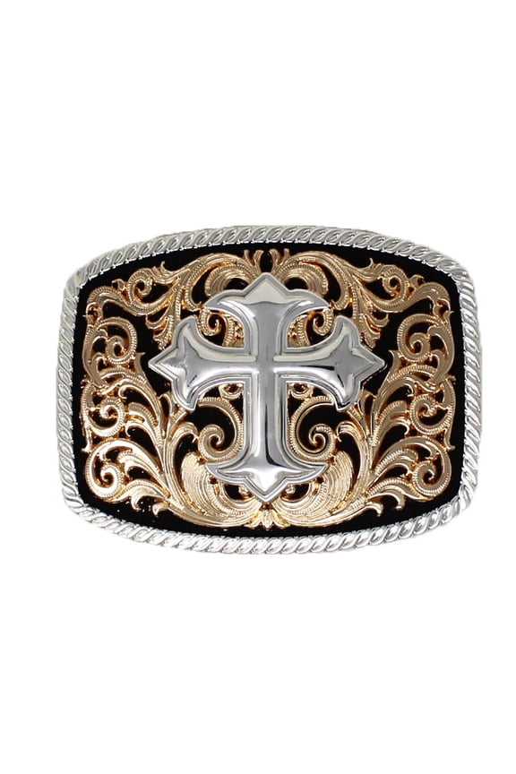 Challenger 2" Western Two-Tone Cross Floral Engraved Belt Buckle 2812