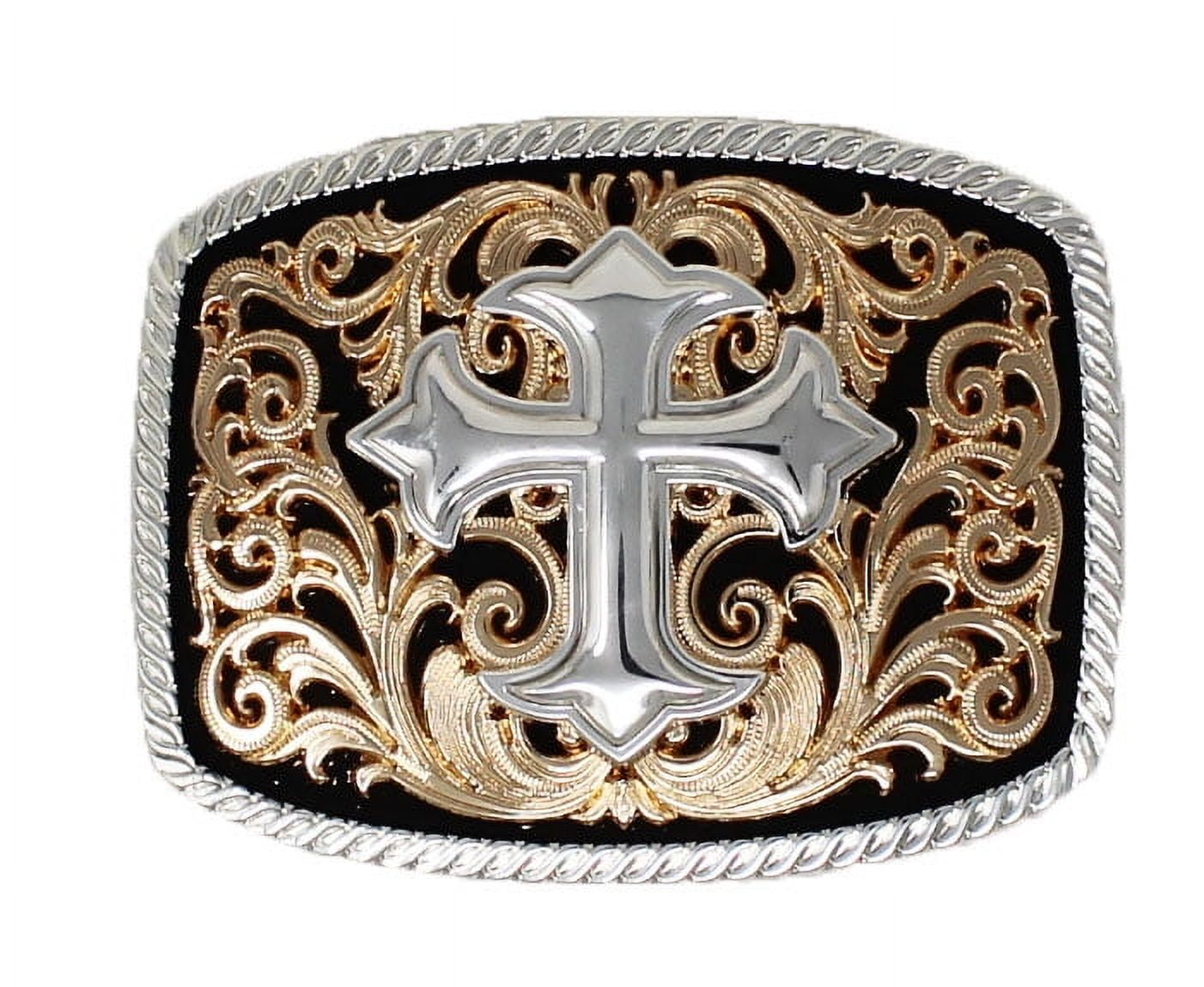 Two-Tone Floral Engraved Belt Buckle - Silver and Gold Bright Silver Gold Western Floral Scroll Engraved Belt  main image 3
