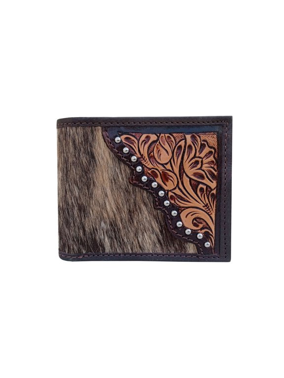 Challenger Bifold Wallet, Hair-On Hide, Floral Tooled Leather, ID Window, 4.25 x 3.25 in, Brown/Tan 18RSW523B