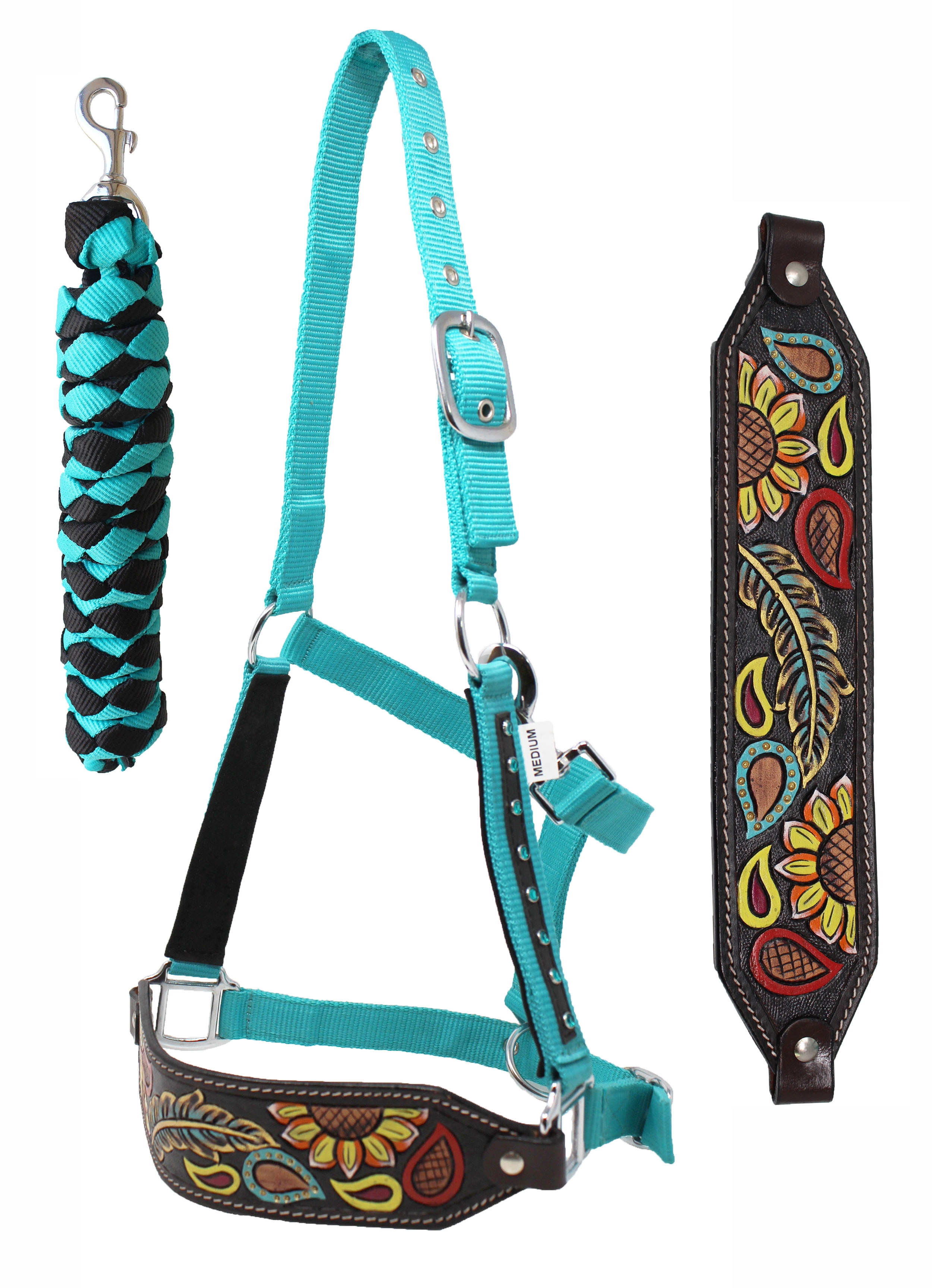 CHALLENGER Horse Halter Tack - Leather Bronc Noseband Halter With Lead Rope, Adjustable Nylon Web, Stainless Steel Hardware