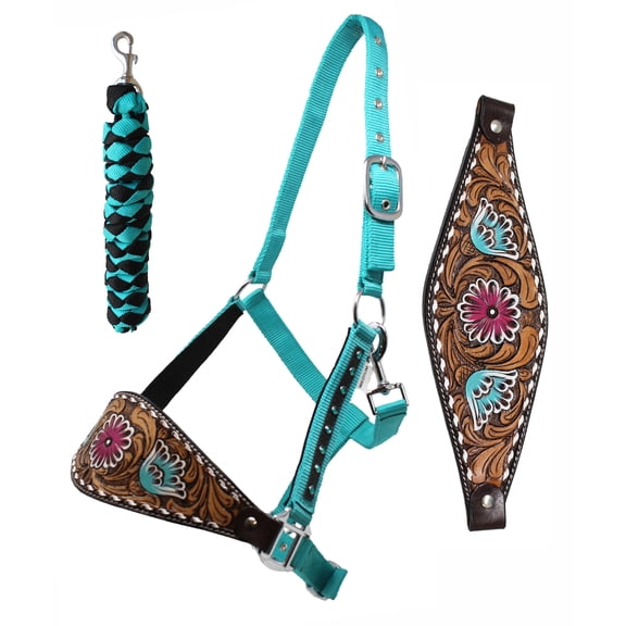 Challenger Horse Noseband Tack Bronc Leather HALTER Tiedown Lead Teal 280HR06