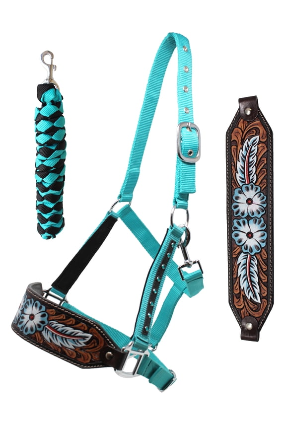 Challenger Horse Noseband Tack Bronc Leather HALTER Tiedown Lead Teal 280HR16