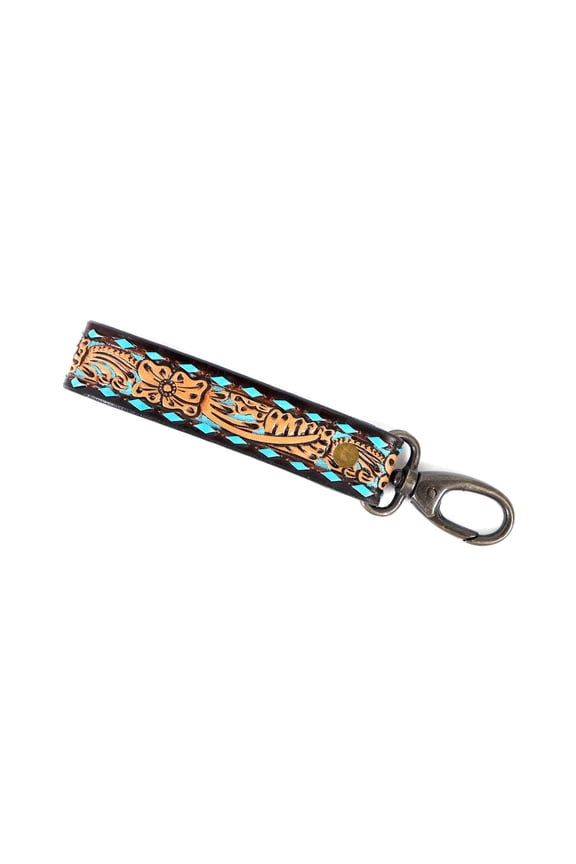 Challenger Leather KeyChain Tooled Floral Design with Turquoise Inlay Snap Hook Antique Tan 19FK16