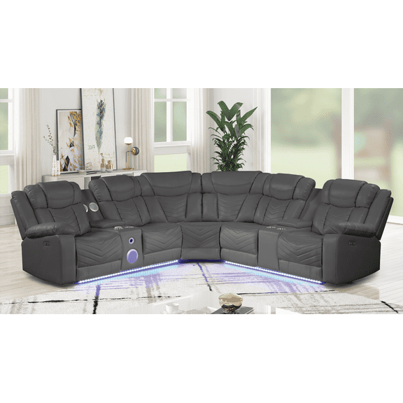 Challenger Modern Recliner Sectional Sofa with USB-C & Bluetooth, Gray (Wood & Faux Leather, NJ Inventory)