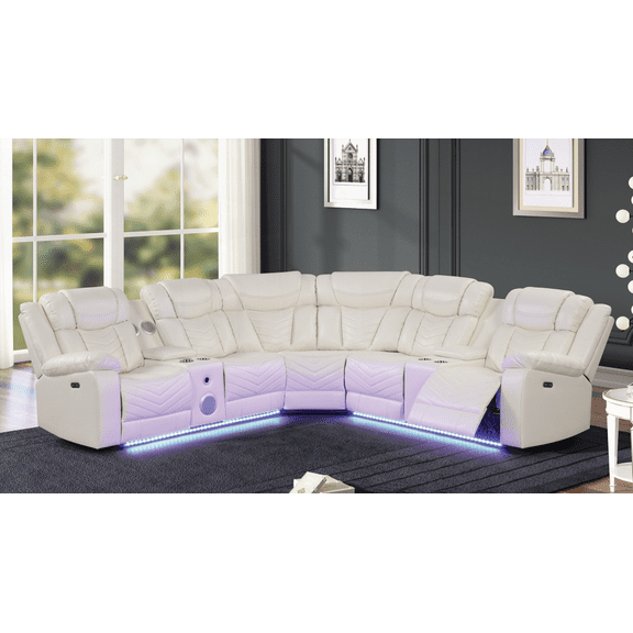 Challenger Modern Recliner Sectional Sofa with USB-C & Bluetooth, Wood & Faux Leather in Ice (NJ Inventory)
