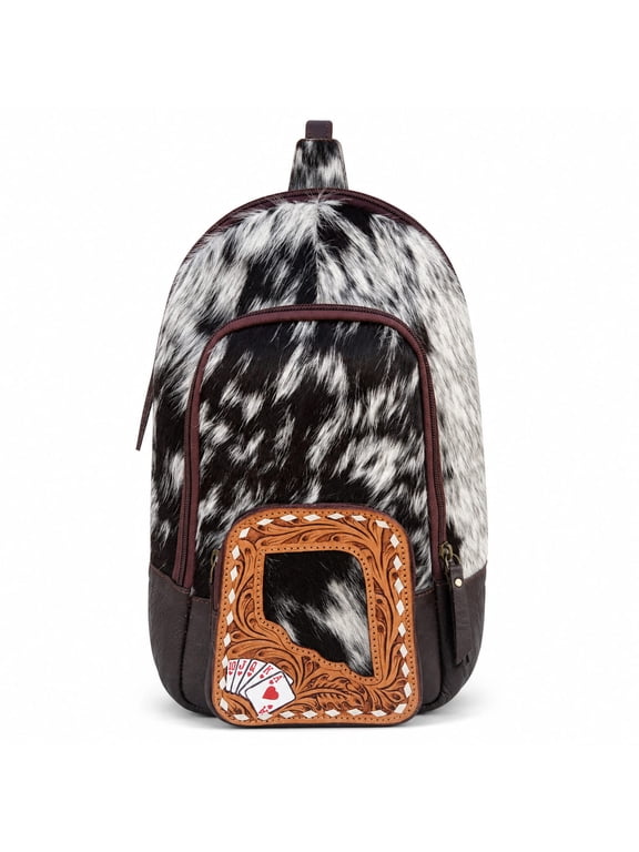 Challenger Poker Tooled Leather Sling Bag w/ Natural Cowhide Western Crossbody Backpack Purse 18RSB05