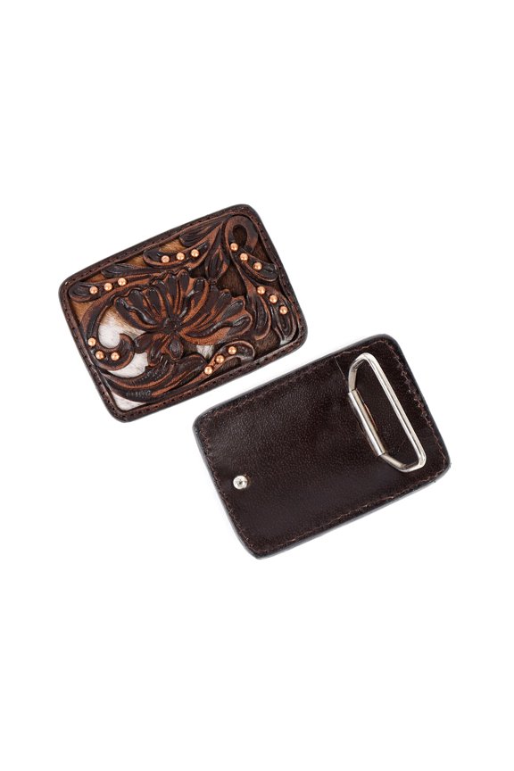 Challenger Western Belt Buckle Floral Tooled Engraved Studded Leather Inlay Medium Brown 28FK106