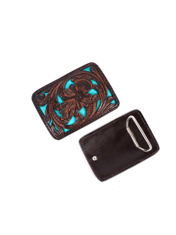 Challenger Western Belt Buckle Floral Tooled Engraved Western Style Medium Turquoise Brown 28FK102