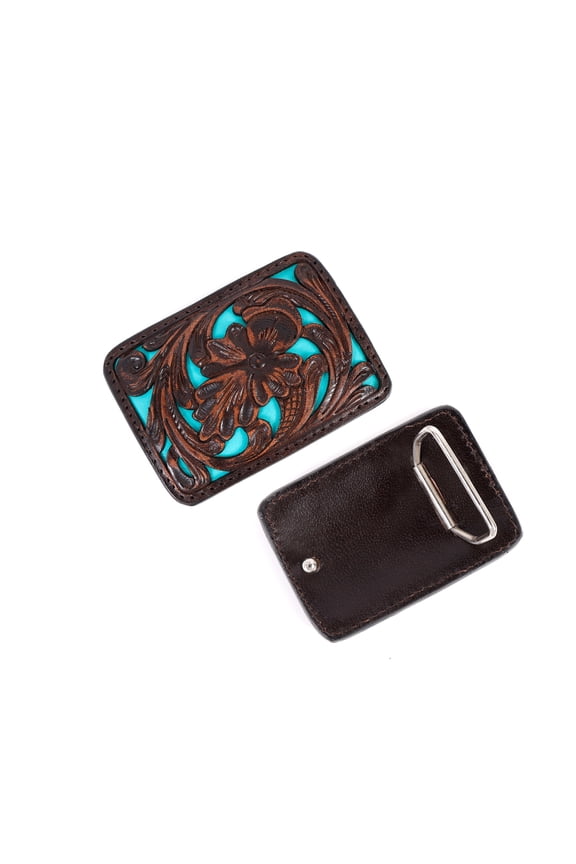 Challenger Western Belt Buckle Floral Tooled Engraved Western Style Medium Turquoise Brown 28FK102