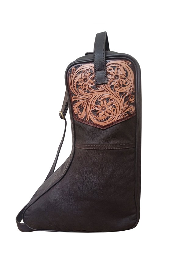 Challenger Western Leather Travel Boot Bag Tooled Floral Brown Ironwood Ridge 30RS02