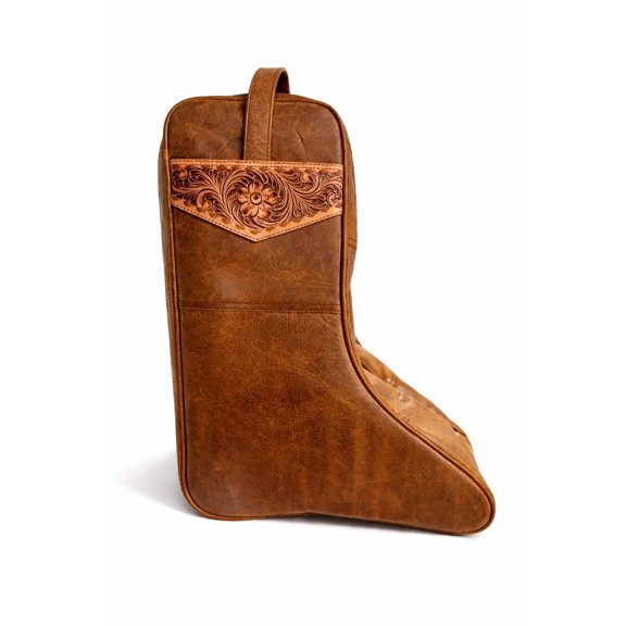 Challenger Western Leather Travel Boot Bag Tooled Floral Tan Saddle Creek Trail 30RS04