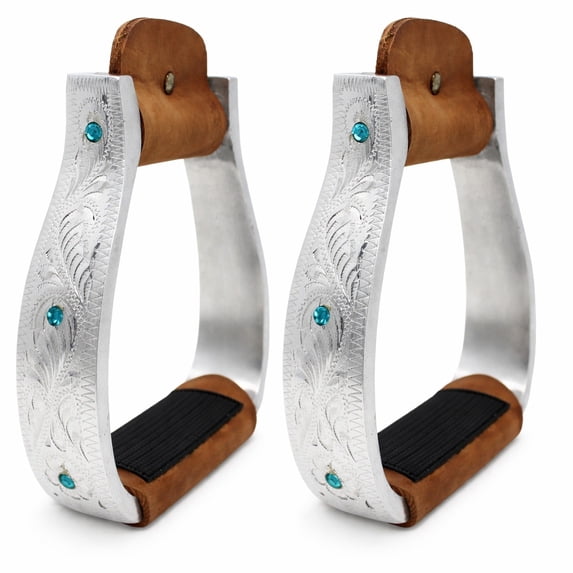 Challenger Western Saddle Engraved Trail Riding Stirrups w/ Turquoise Rhinestones 51147