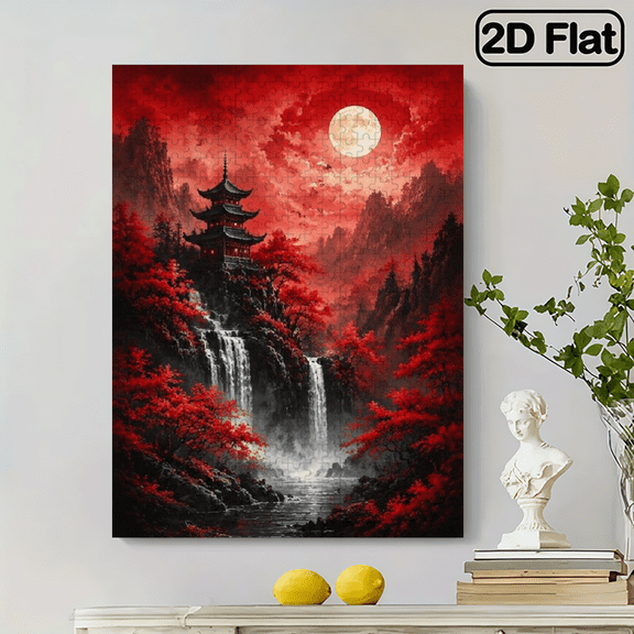 Challenging Puzzle, 2D Frameless Paper Puzzle, 500pc, 20.4x15 in, Red Maple Leaves Waterfall Landscape with Scenic Autumn Nature, Educational, Great Gift for Nature Lovers, Ideal for Holidays