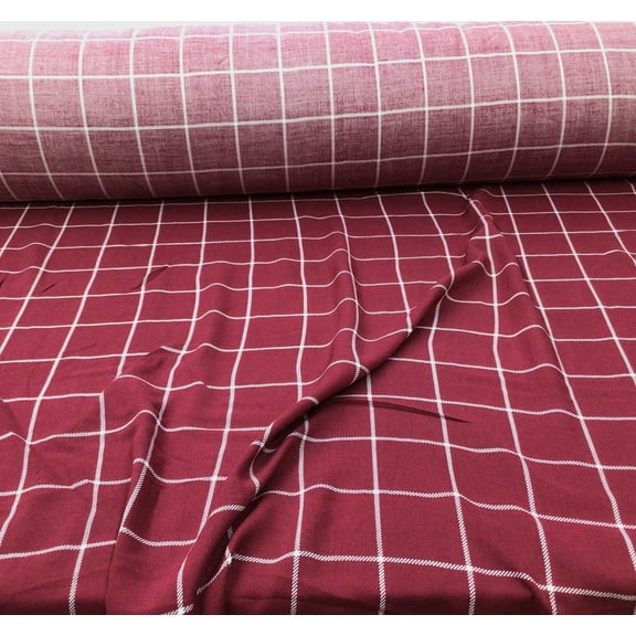 Challis Rayon Apparel Fabric Burgundy White Plaid F220