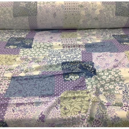 Challis Rayon Apparel Fabric Floral Patch Slate Blue Lavender Purple Sage F221