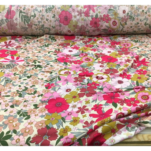 Challis Rayon Apparel Fabric Pink Olive Golden Orange Sage Cream Floral F222