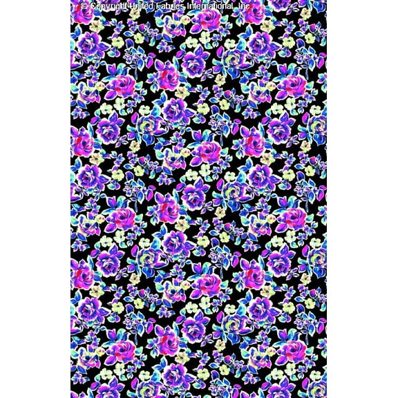 Challis Rayon Printed Aline, Floral Fabric, Dress Fabric, Sewing Fabric (BLACK/FUSCHIA/TURQ, ByYard)