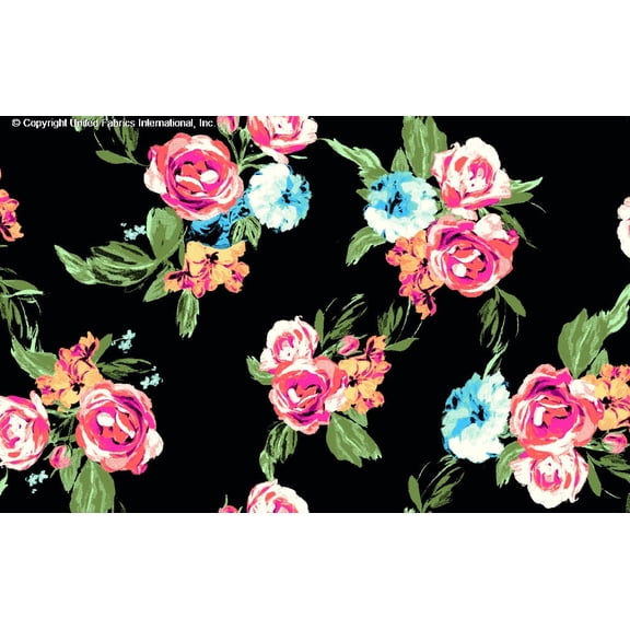 Challis Rayon Printed First Crush, Floral Fabric, Dress Fabric (BLACK/CORAL/BLUE, ByYard)