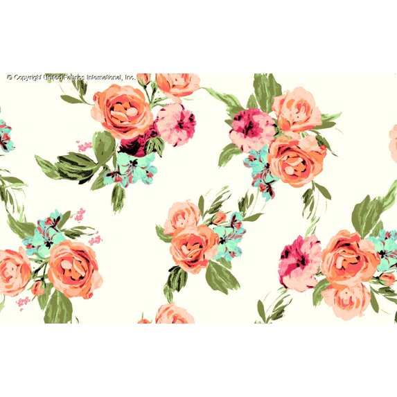 Challis Rayon Printed First Crush, Floral Fabric, Dress Fabric (IVORY/PEACH/MIST, ByYard)