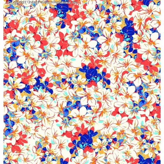 Challis Rayon Printed Frangipani, Floral Fabric, Dress Sewing Craft (CORAL/AQUA/BLUE, ByYard)