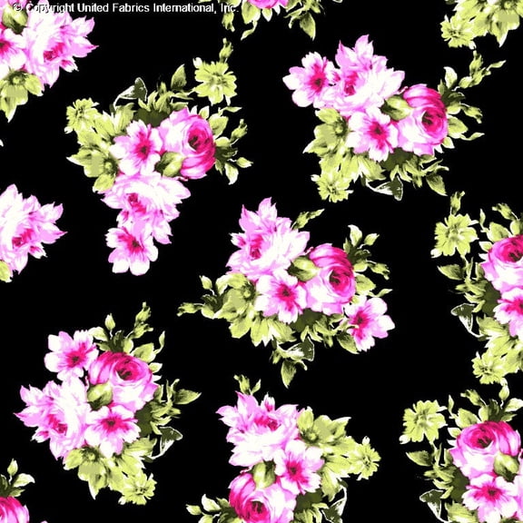 Challis Rayon Printed French Maid, Floral Woven Soft Fabric (BLACK/GREEN/FUCHSIA, ByYard)