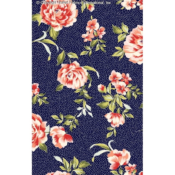 Challis Rayon Printed Ksenia, Floral Fabric, Dress Fabric, Sewing Fabric (NAVY/RED/CELERY, ByYard)