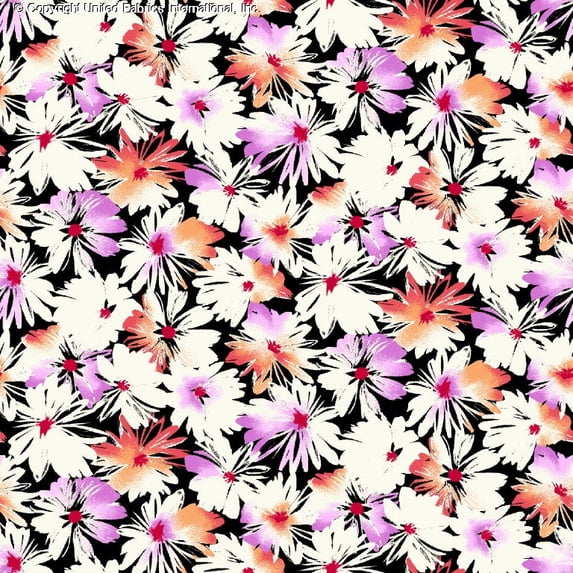 Challis Rayon Printed Nazly Woven Daisy Floral Dress Fabric (BLACK/FUSCHIA/ORANGE, ByYard)