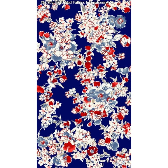 Challis Rayon Printed Shelly, Floral Peonies Dress Sewing Fabric (NAVY/RED/BLUE, ByYard)