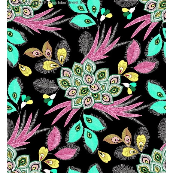 Challis Rayon Printed Villus, Peacock Feather Print, Soft Rayon Fabric by Yard (BLACK/PINK/GREEN, ByYard)