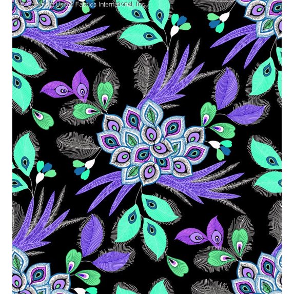 Challis Rayon Printed Villus, Peacock Feather Print, Soft Rayon Fabric by Yard (BLACK/PURPLE/BLUE, ByYard)