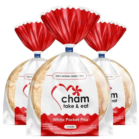Cham Bakery Fresh 8 Inch White Pocket Pita Bread, 3 Bag, 12 Loaves, 24oz - No Preservatives
