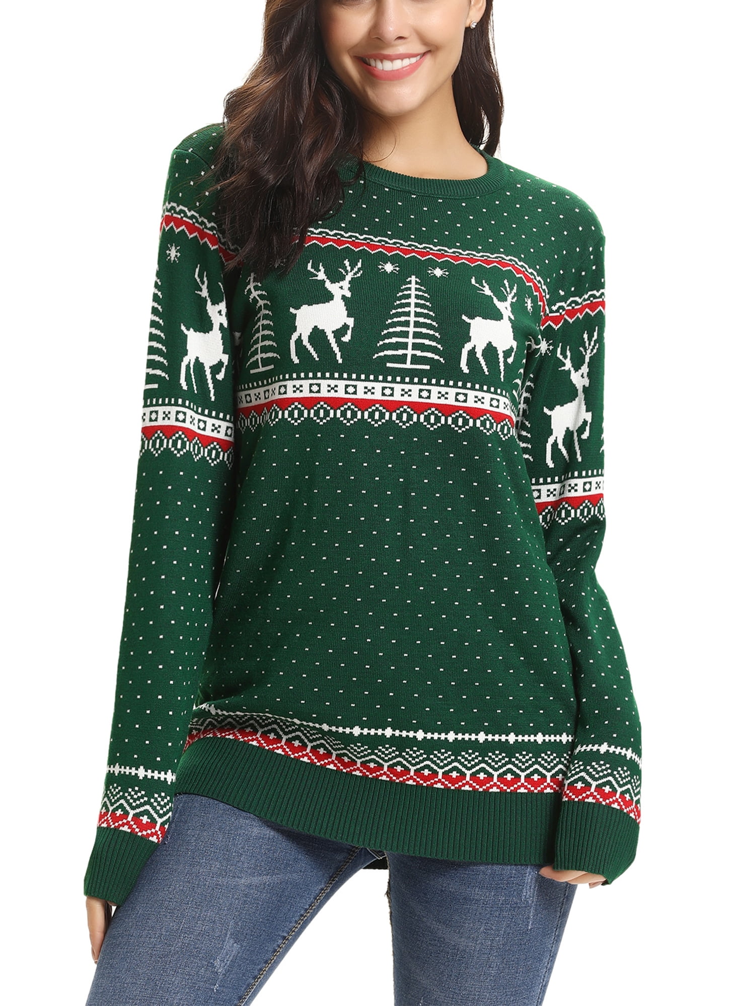 Chama Christmas Jumper for Women Crew Neck Reindeers Snowflake Sweaters ...