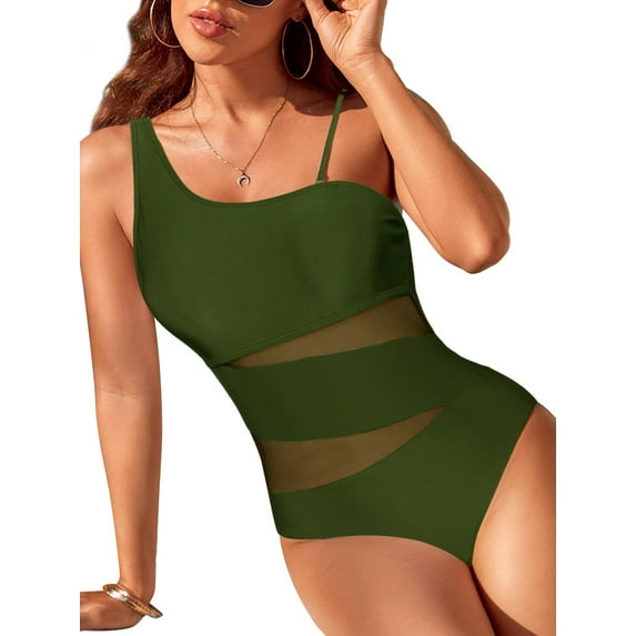 Chama One Shoulder One Piece Swimsuits for Women Tummy Control Bathing Suits Modest Mesh Swimwear