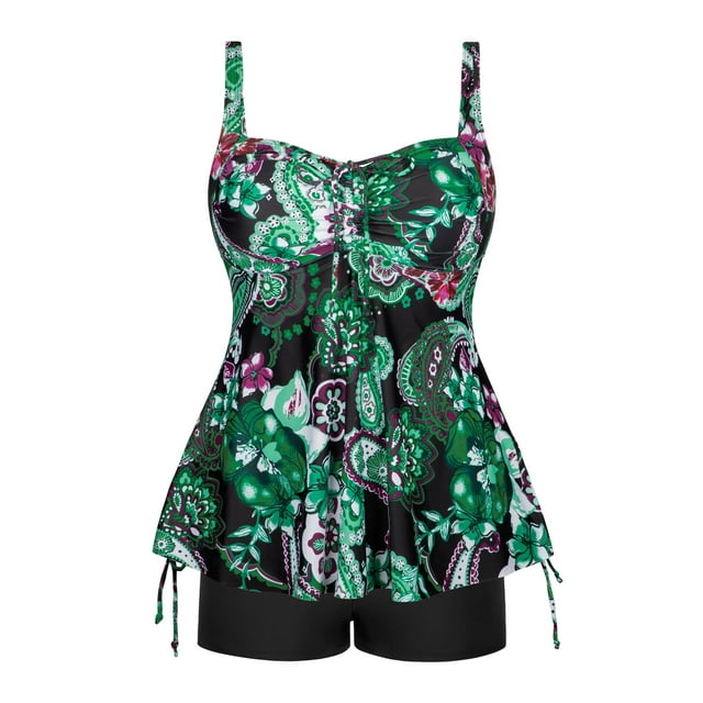 Chama Paisley Bathing Suits for Women Plus Size Tummy Control Swimsuits Tankini Shorts Swimwear Set